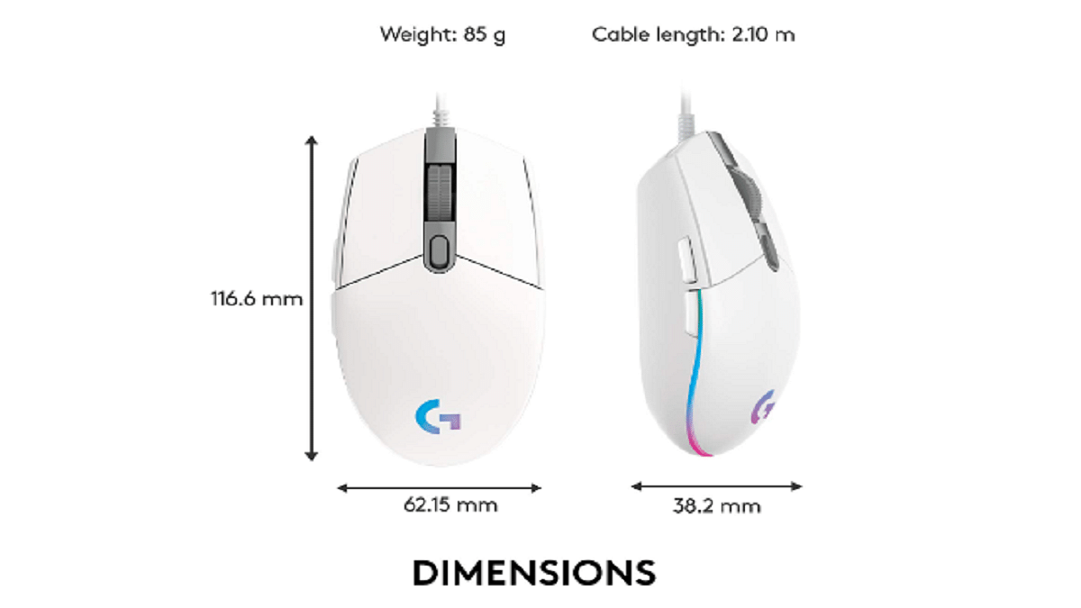 Logitech G203 Lightsync Dimensions