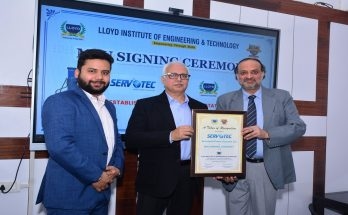 (LtoR) Prabhutva Tiwari, Head, PR & Communications, Servotech, Arun Handa, CTO, Servotech and Prof. (Dr.) Rajeev Agrawal, Senior Director, LIET at MoU Signing Ceremony