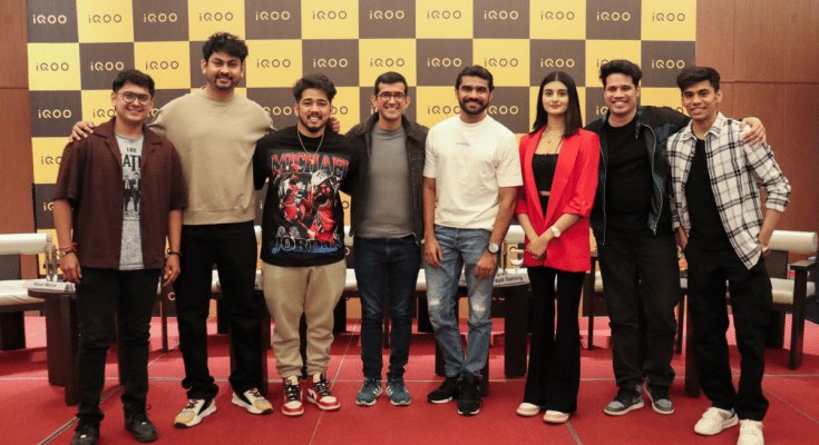 L to R - Mortal, Dynamo Gaming, Scout, iQOO CEO Nipun Marya, Shreeman Legend, Payal Gaming, GamerFleet and UnGraduate Gamer